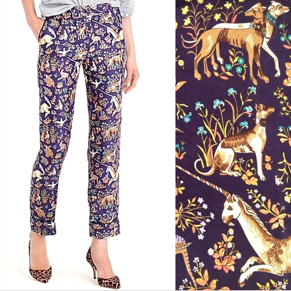 JCREW DRAKES London Trouser Pant Unicorn Dog Rabbit Bird Silk Pajama Navy Blue 0
